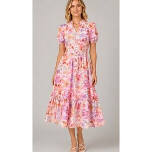 New With Tags Grace Karin Floral Chiffon Maxi Dress Balloon Sleeve Belted S